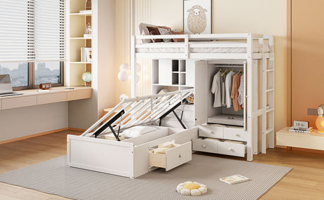 Twin Bunk Bed with Drawers, Wardrobe, Storage Shelves and Hydraulic Bed,White - sold by Home Elegance USA