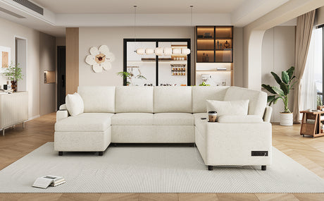 Convertible U-Shaped Sofa Bed with Storage, Cup Holders and Charging Ports, Beige Chenille, 109.9' - sold by Home Elegance USA