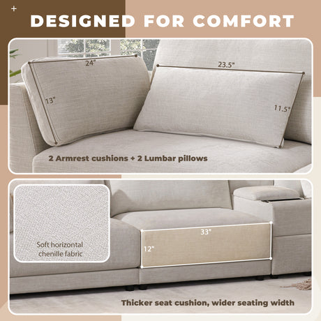 124'' L-Shaped Sectional Sofa with Multi-Functional Storage Console, Wired&Wireless Charger, Movable Ottoman, Wider&Thicker Cushion, Free Combination for Living Room&Apartment, Chenille - sold by Home Elegance USA