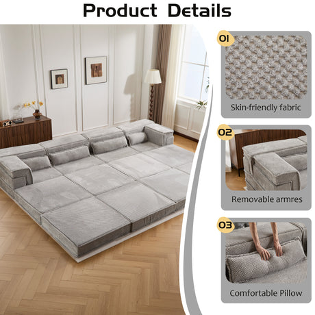 Compression Mahjong Sofa,Convertible Floor Sofa Bed,DIY Boneless Modular Sectional Sofa,No Assembly Required,Circle fleece fabric,Oversized 4 Seater with 2 Ottoman,Light-grey - sold by Home Elegance USA