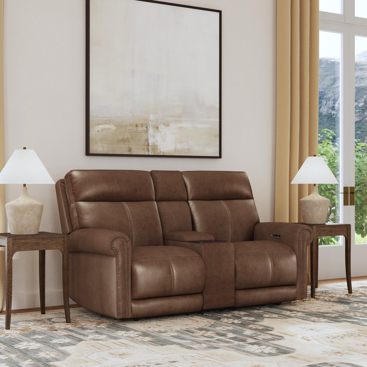 Alexander Power Reclining Loveseat With Console, Power Headrest & Lumbar - Khaki Brown | Flexsteel