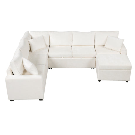 Cream Tweed Chenille Sectional Sofa with Pull-out Bed and Storage Ottoman, 112.2' for Living Room - sold by Home Elegance USA