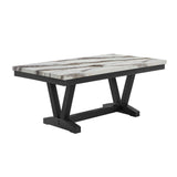 Panda Oceanic Black Dining Table with Faux Marble Top and Grey Fabric Chairs Set