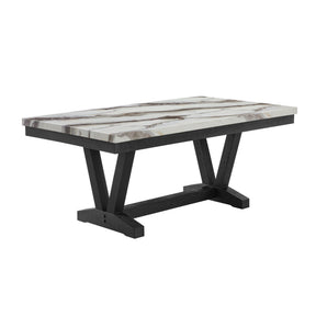 Panda Oceanic Black Dining Table with Faux Marble Top and Grey Fabric Chairs Set