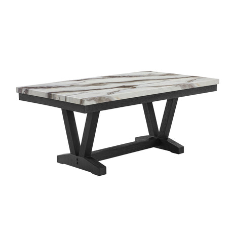 Panda Oceanic Black Dining Table with Faux Marble Top and Grey Fabric Chairs Set