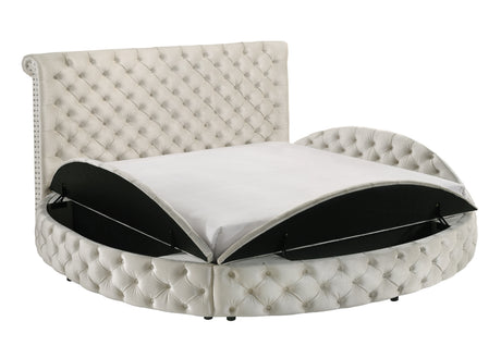 Unique Round Plush Ivory Velvet Button-Tufted Detailing Storage Bed Queen Size White 2x Nightstands Wooden Bedroom Furniture 3pc Set - sold by Home Elegance USA