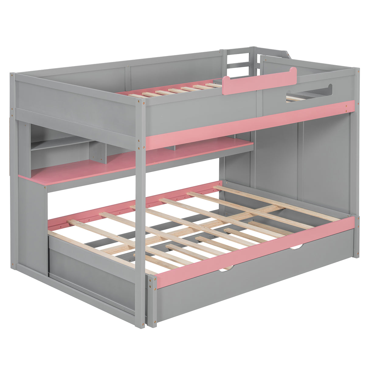 Full Over Full Bunk Bed with Twin Size Trundle and Staircase, Shelves, LED,Gray - sold by Home Elegance USA