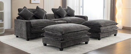 Modern Chenille Upholstered Sectional Sofa with Ottomans, USB Ports, Cup Holders, and Storage in Grey - sold by Home Elegance USA