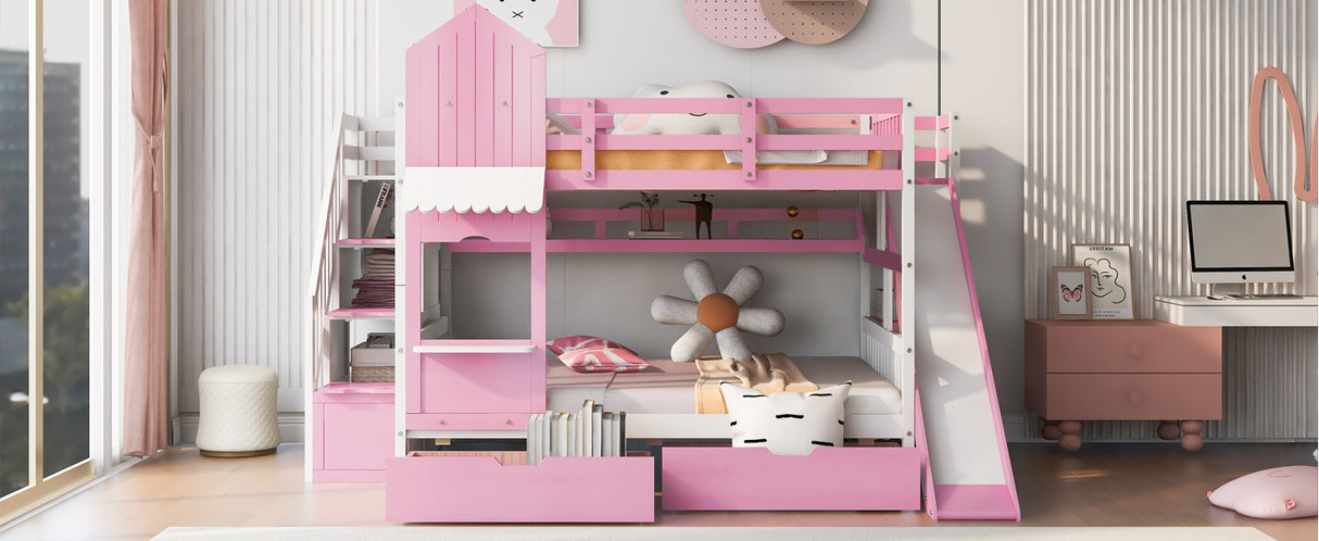 Full-Over-Full Castle Style Bunk Bed with 2 Drawers 3 Shelves and Slide - Pink - Home Elegance USA