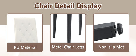 Table and chair set.64.5 x 35.4 Inch Stylish Black Wood Color Textured Dining Table.4-pack white PU dining chairs: ergonomic buckle backrest.Exudes A Strong Sense Of Fashion. - sold by Home Elegance USA