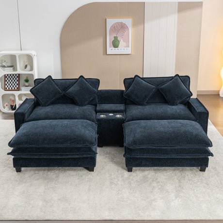 Contemporary Chenille Upholstered Sectional Sofa with Ottomans, USB Ports, Cup Holders & Storage, Blue - sold by Home Elegance USA