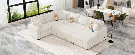Cream Tweed Chenille Sectional Sofa with Pull-out Bed and Storage Ottoman, 112.2' for Living Room - sold by Home Elegance USA