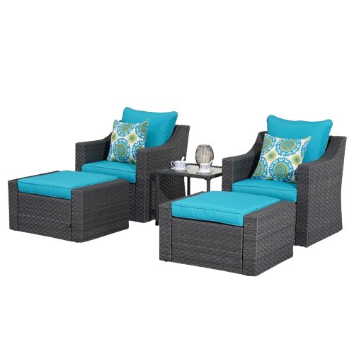7 Piece PE Wicker Patio Conversation Sets with Blue Cushions
