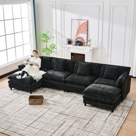 140.9-inch U-shaped modular sectional sofa, suitable for living room or bedroom. It comes with 2 movable ottomans, 4 cushions and 2 throw pillows. Made of soft cashmere fabric, in black - sold by Home Elegance USA