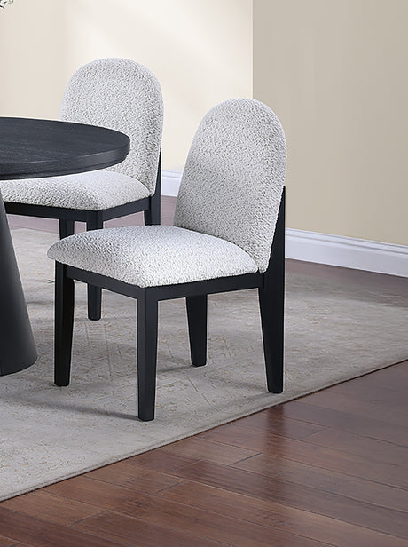 Dining Table 4x Side Chairs White Finish Fabric Black Round Table w Cone Base 5pc Dining Set Plush Seat - sold by Home Elegance USA