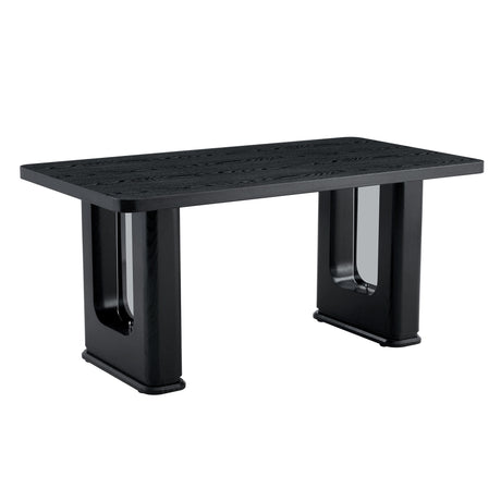 Table and chair set.64.5 x 35.4 Inch Stylish Black Wood Color Textured Dining Table.Paired with 4 Black - and - White PU Dining Chairs with Shell - pattern. Exudes A Strong Sense Of Fashion. - sold by Home Elegance USA