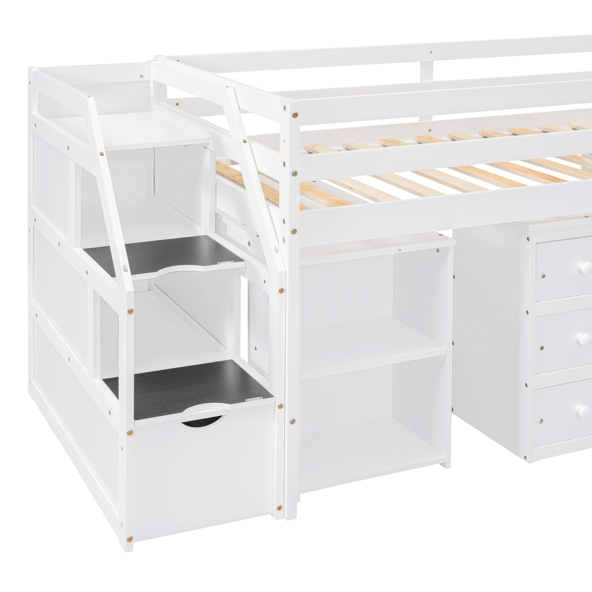 Twin Size Loft Bed with Retractable Writing Desk and 3 Drawers, Wooden Loft Bed with Storage Stairs and Shelves, White - Home Elegance USA