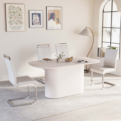 63 'medieval modern cream style MDF dining table and PU armless dining chair set 4. Assemble Desktop and Silver plated metal leg dining chair set, suitable for home&kitchen - sold by Home Elegance USA