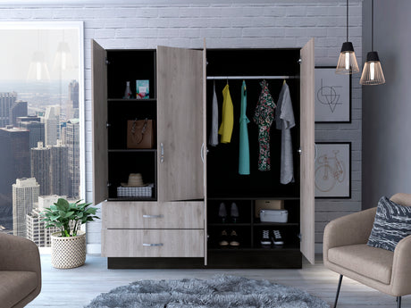 Gangi 160 Armoire, 4-door wardrobe , Two Mirrors, Metal Hardware, Two Drawers, Rod, Ten Shelves, Black Wengue / Light Gray -Bedroom - sold by Home Elegance USA