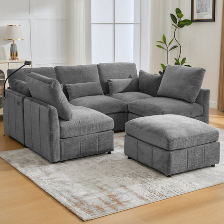 Modern Sectional Sofa Modular Sofa with Movable Ottoman, USB Ports & Phone Holder, Grey Chenille, 85.4' - sold by Home Elegance USA
