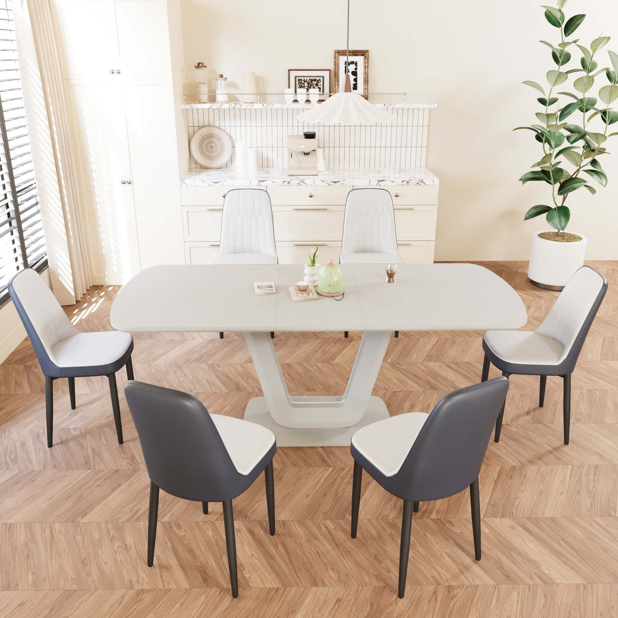 Juego de mesa de comedor expandible de 62,99 a 78,74 pies para 2 a 8 personas, equipado con 6 sillas de comedor acolchadas gruesas de tela de PU y una espaciosa mesa de comedor, mesa de cocina y sillas, con patas de mesa en forma de U