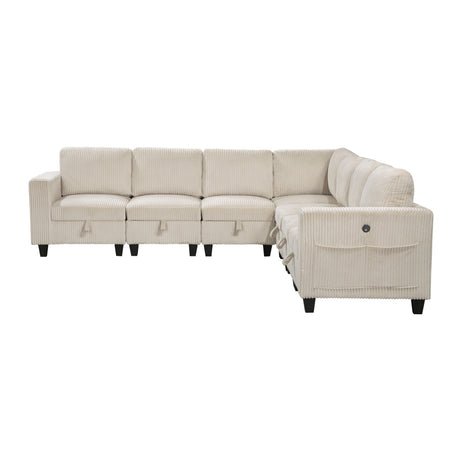 7-Piece Modular Sectional with Storage Seats, Side Pockets, Charging Ports Beige Corduroy Fabric Modern Living Room Sectional Couch Solid Wood Furniture - sold by Home Elegance USA
