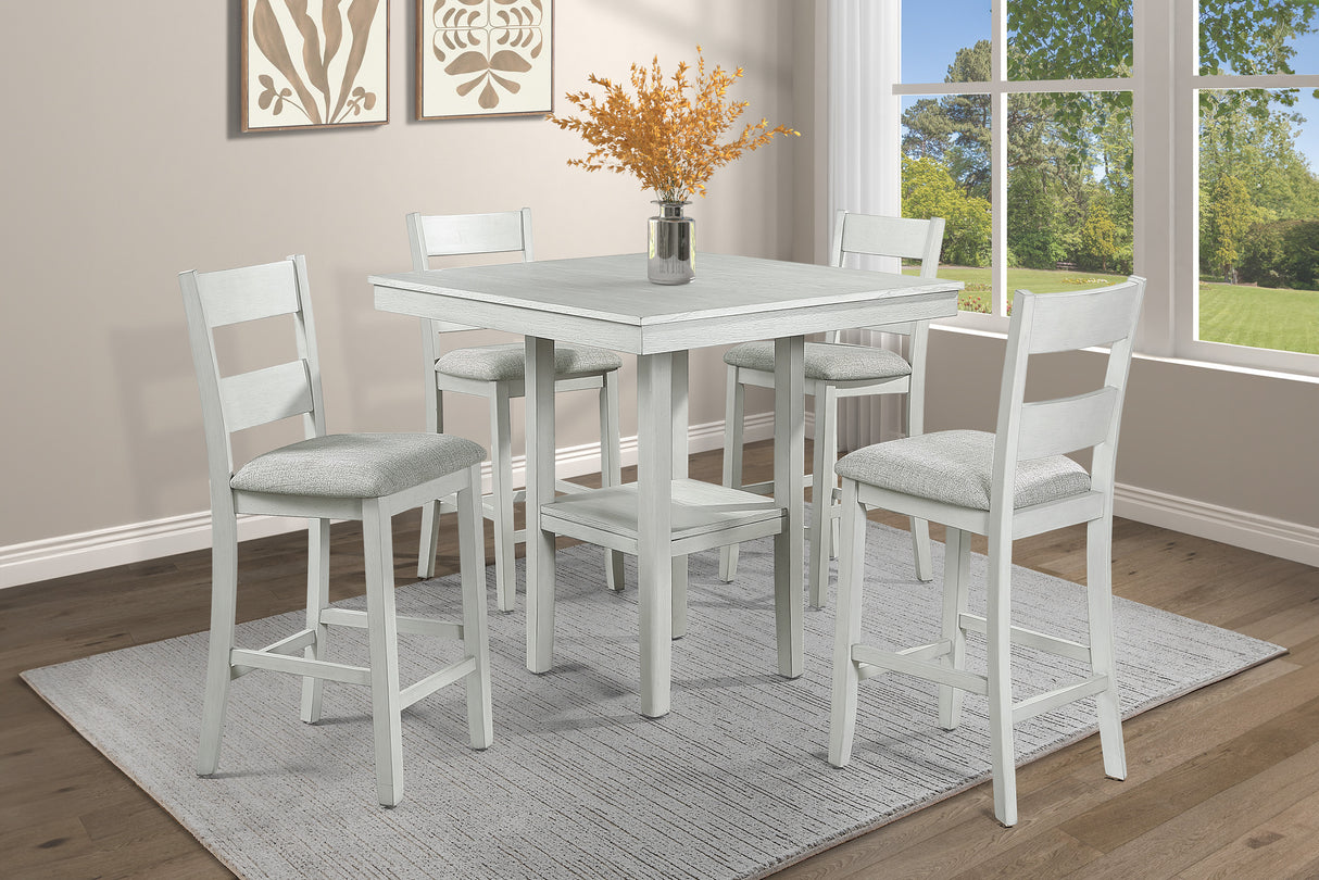 Rustic Farmhouse 5-Pc Counter Height Dining Set Square Table Wood Top Bottom Display Shelf Linen Look Fabric Upholstery Chair Wooden Dining Room Furniture Cream White Wood Drift Wood Finish Dinette