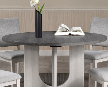 Contemporary Style 5pc Dining Set Kitchen Dinette Gray Upholstered Fabric Chairs Round Table Pedestal Base Table 4x Side Chairs Dining Room - sold by Home Elegance USA