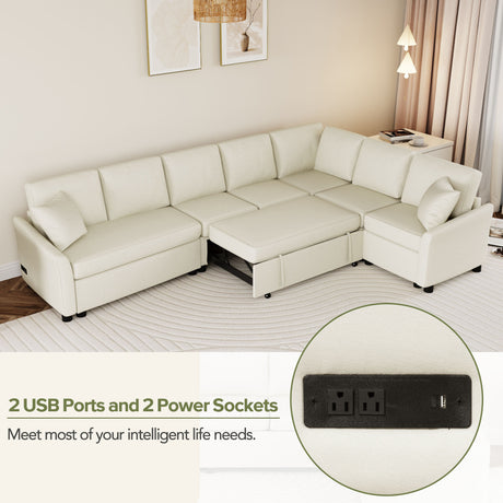 L-shaped Convertible Sofa Bed with USB Ports and Power Sockets, Beige Chenille Fabric, 124.8' Length - sold by Home Elegance USA
