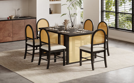 TREXM 7-Piece Farmhouse Dining Table Set for 6 - 59.8' Rectangular Dining Table with Distressed Oak Veneer and 6 Rattan Chairs, Rustic Kitchen Furniture for Dining Room(Espresso) - sold by Home Elegance USA
