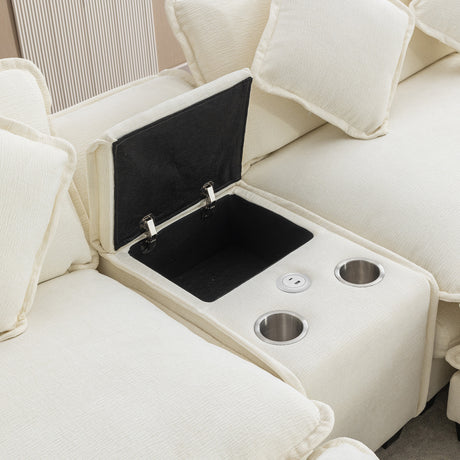 Chenille Upholstered Sectional Sofa with Removable Ottoman, USB Ports, Cup Holders, and Storage, Beige, 111' - sold by Home Elegance USA