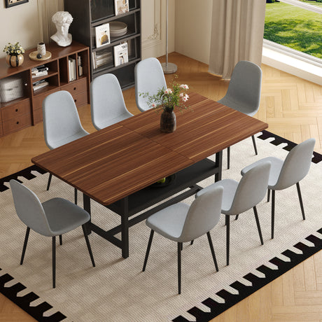 Table and chair set.71*35.4 inch fashionable walnut grain dining table, a practical choice to add color to the home.Paired with 8 Light Gray Linen-Cotton Material High Resilience Dining Chairs. - sold by Home Elegance USA