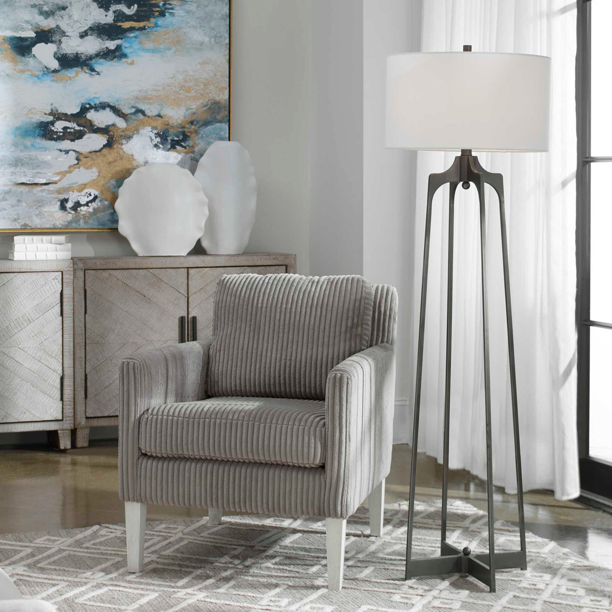 Adrian Modern Floor Lamp - Silver / White by Uttermost - View 2