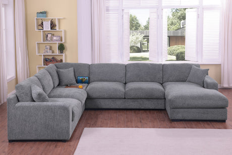 Chiara 128'W Light Gray Chenille Fabric Corner Sectional Sofa with Right-Facing Chaise, Cupholders, and Charging Ports - sold by Home Elegance USA