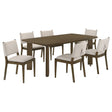 Crispin Brown 7-Piece Rectangular Wood Dining Table Set with Ivory Upholstered Chairs, Brown Finish, White Oak Veneer and Rubberwood Construction
