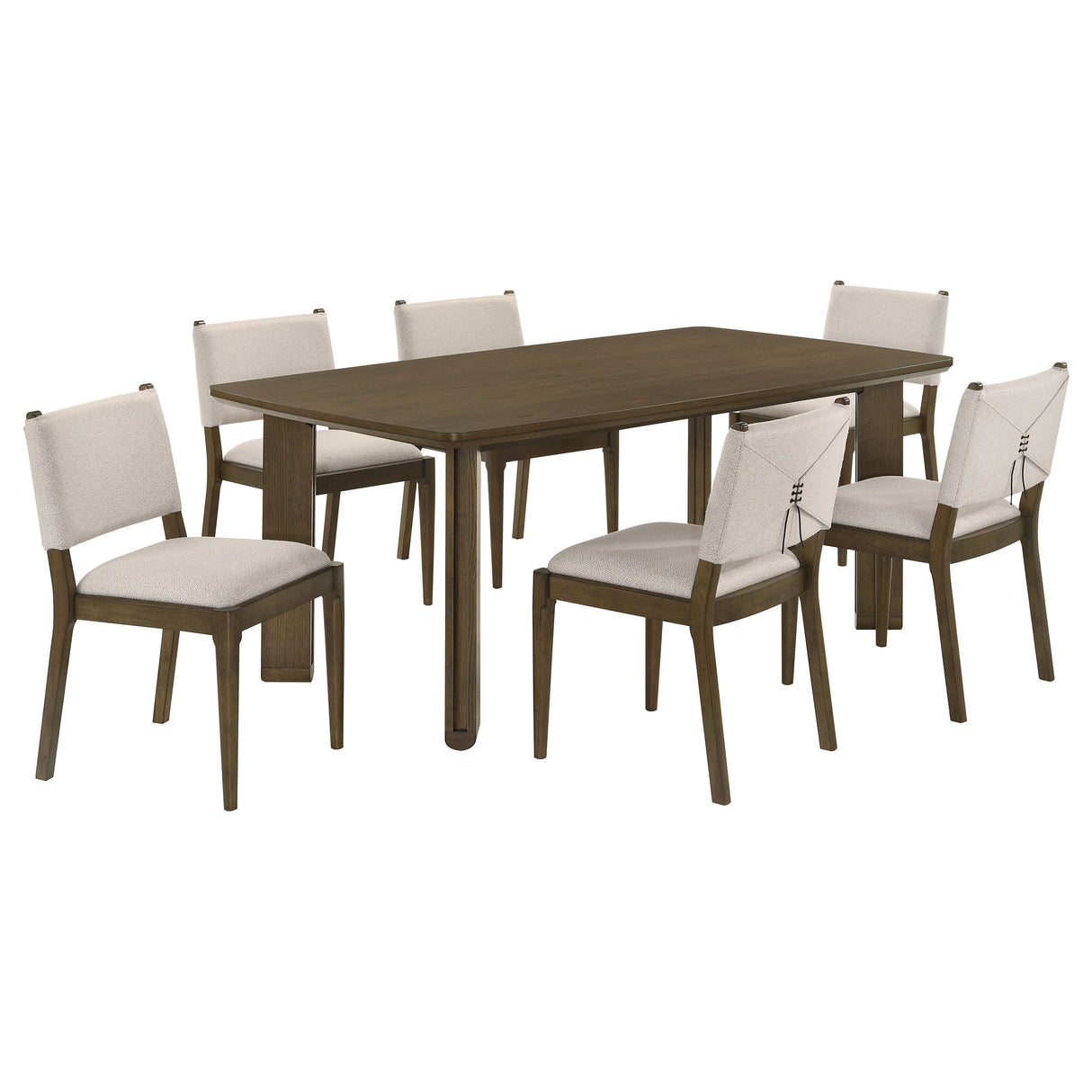 Crispin Brown 7-Piece Rectangular Wood Dining Table Set with Ivory Upholstered Chairs, Brown Finish, White Oak Veneer and Rubberwood Construction