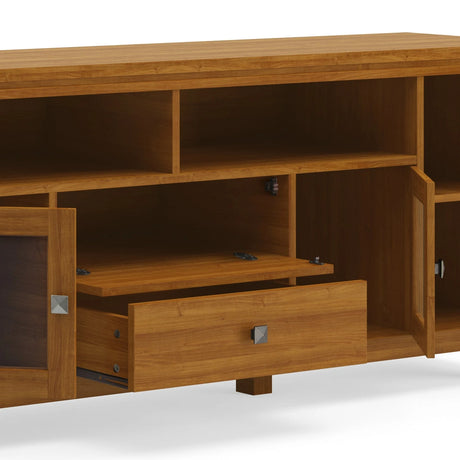 Cosmopolitan 72 inch Wide Solid Wood TV Stand in Light Golden Brown For TVs up to 80 inches - sold by Home Elegance USA