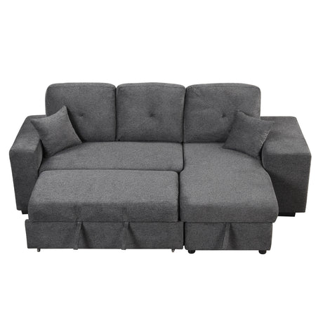 Reversible Sleeper Sectional Sofa Bed with Side Shelf and 2 Stools, Pull-Out L-Shaped Sofa Bed, Velvet Blue Black - sold by Home Elegance USA