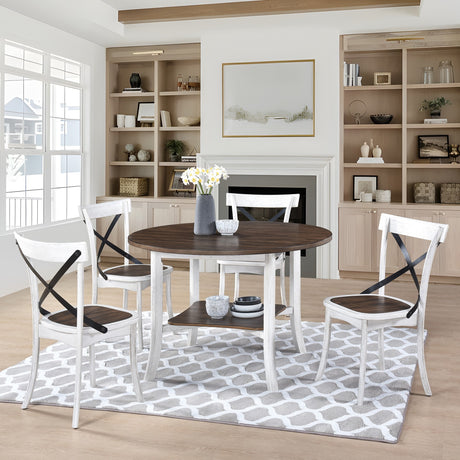 WOODHOMER 5-Piece Round Dining Set, 1 Table with 4 X-Back Chairs, Two-Tone Antique White & Walnut Finish, Space-Saving Kitchen & Dining Furniture - sold by Home Elegance USA
