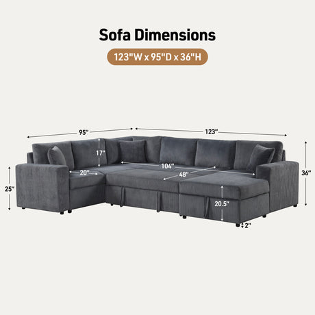 Ruxley 123'W Gray Corduroy Sleeper Sectional Sofa with Right-Facing Storage Chaise and Throw Pillows - sold by Home Elegance USA