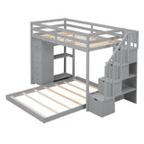 Twin Over Full Bunk Bed with 3-layer Shelves, Drawers and Storage Stairs, Gray - Home Elegance USA