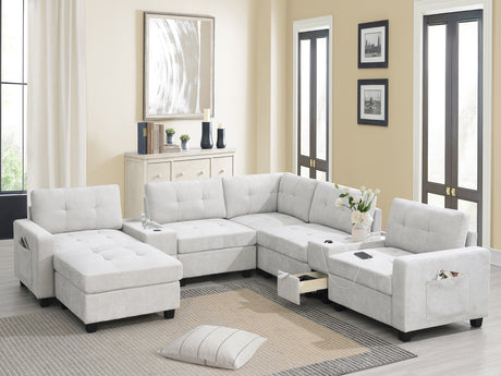 Chenille U Shaped Sectional Sofa with Acrylic Table Top, USB Charger, Storage Drawers, Pockets and Movable Ottoman - sold by Home Elegance USA
