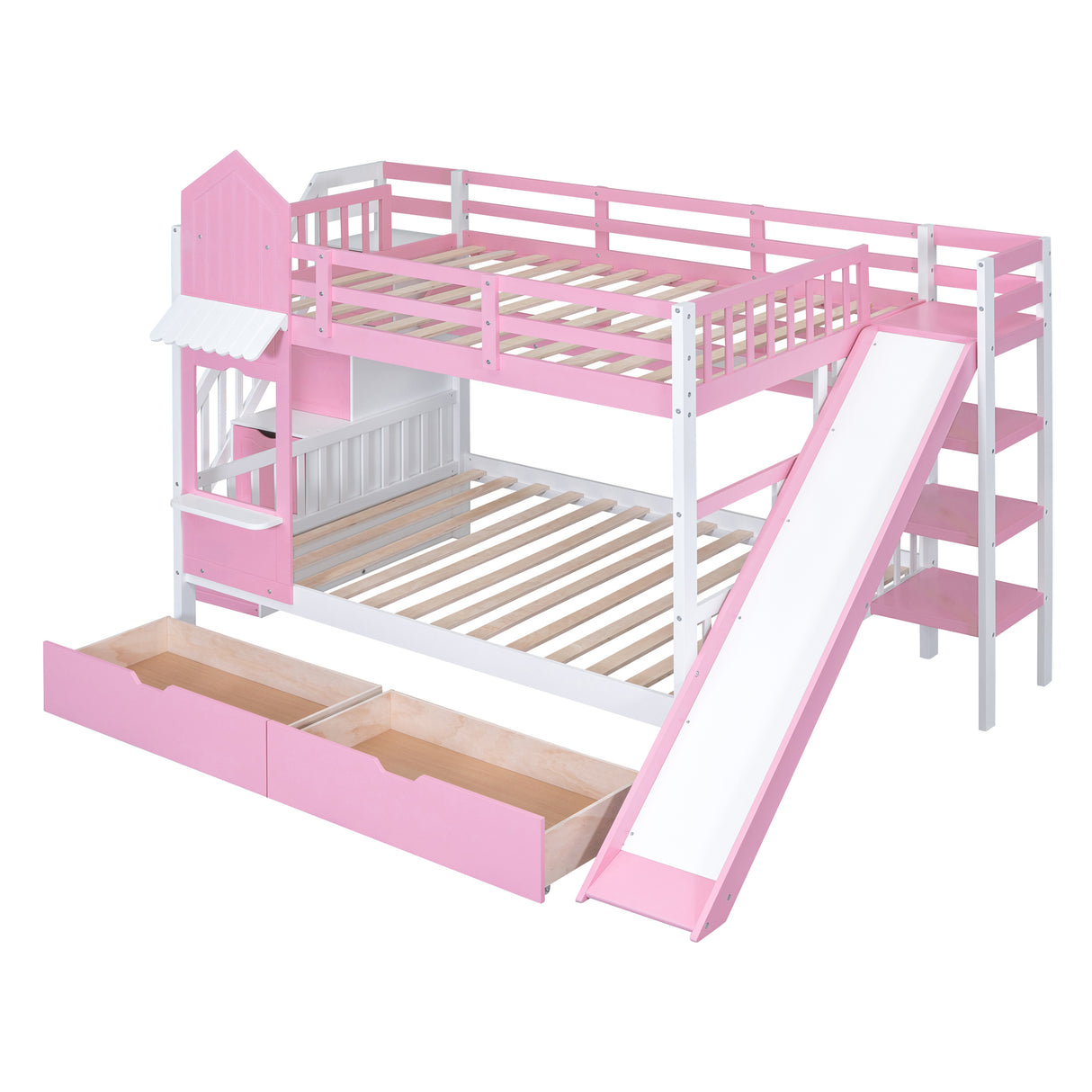 Full-Over-Full Castle Style Bunk Bed with 2 Drawers 3 Shelves and Slide - Pink - Home Elegance USA