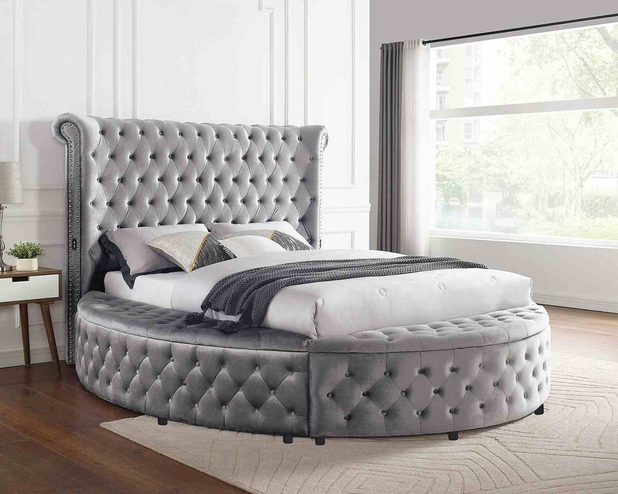 1pc Unique Round Glam Gray Velvet Like Acrylic Button-Tufted Detailing Storage Bed King Size