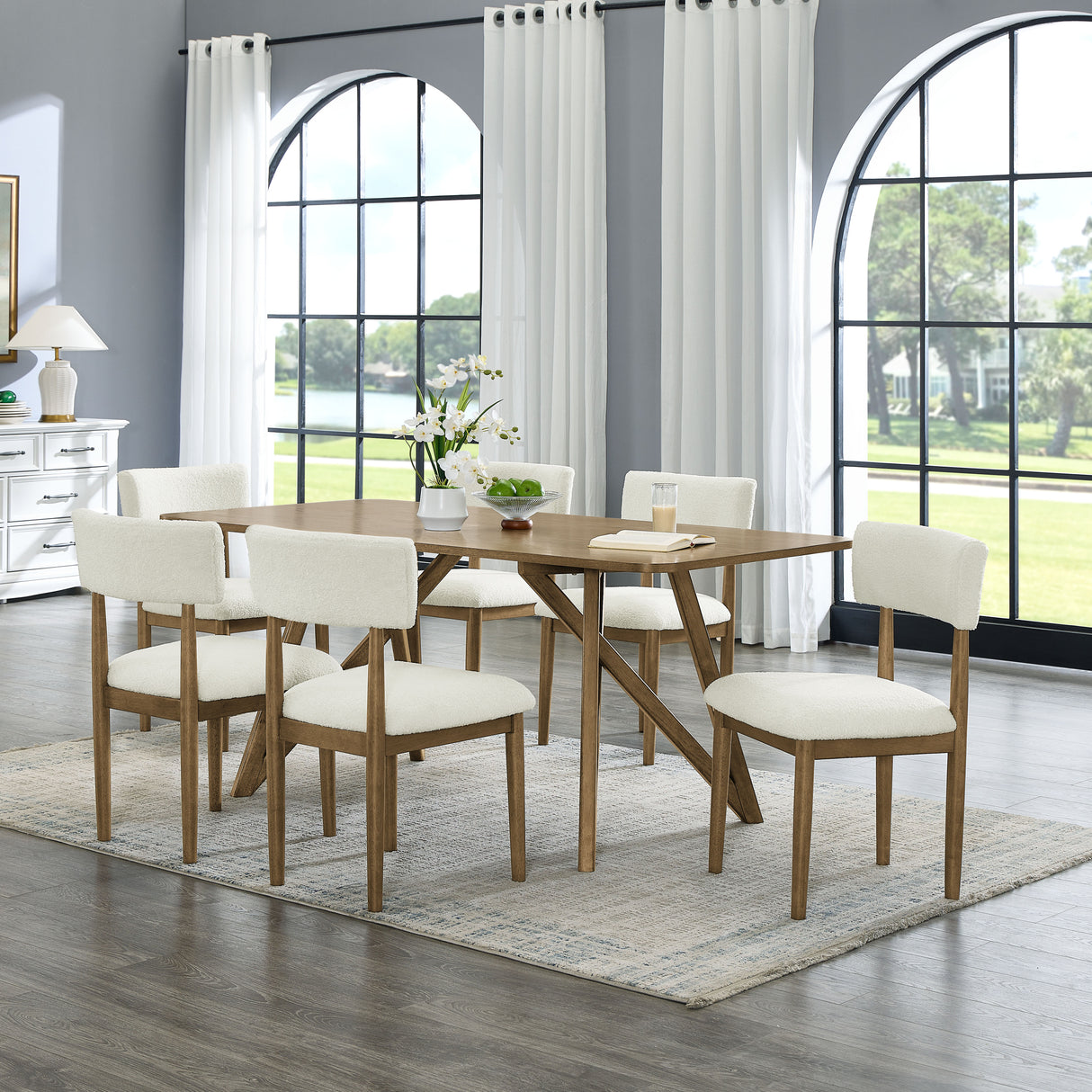 Darla 7Pc 70'W Rectangular Walnut Oak Geometric Cross Base Dining Set