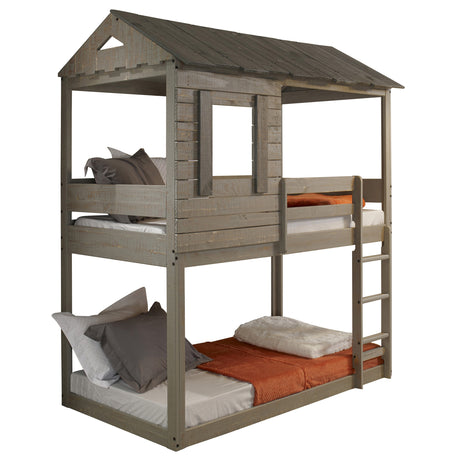 Rustic Grey Twin Over Twin Bunk Bed with Built-in Ladder - sold by Home Elegance USA