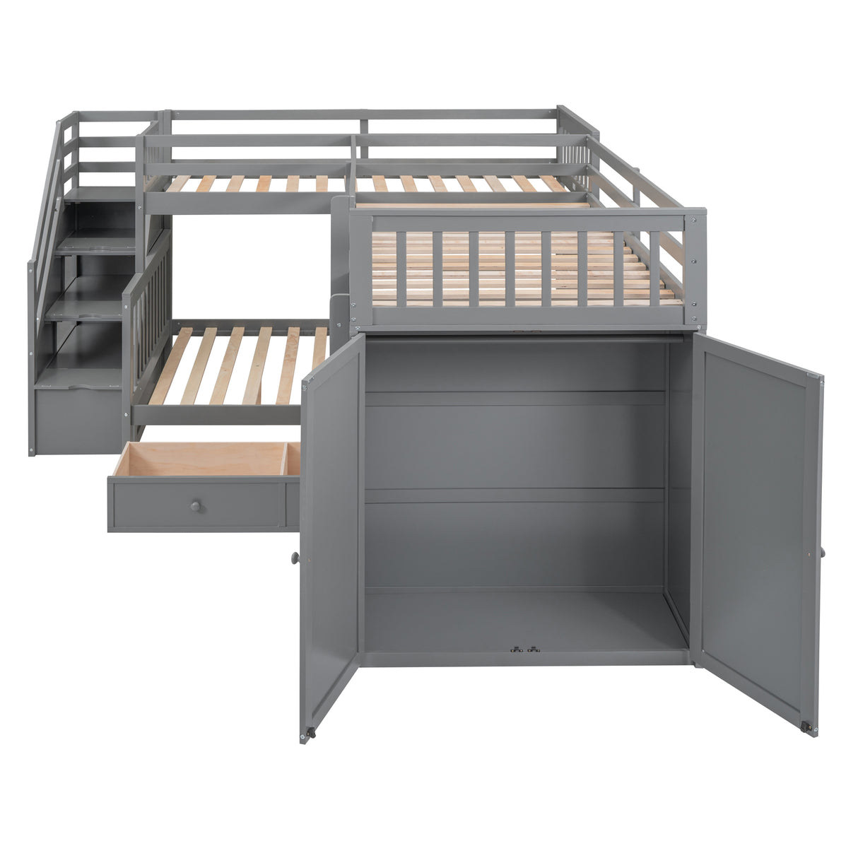 Twin-Twin over Full L-Shaped Bunk Bed With 3 Drawers, Portable Desk and Wardrobe, Gray(OLD SKU:LT100542AAE) - sold by Home Elegance USA