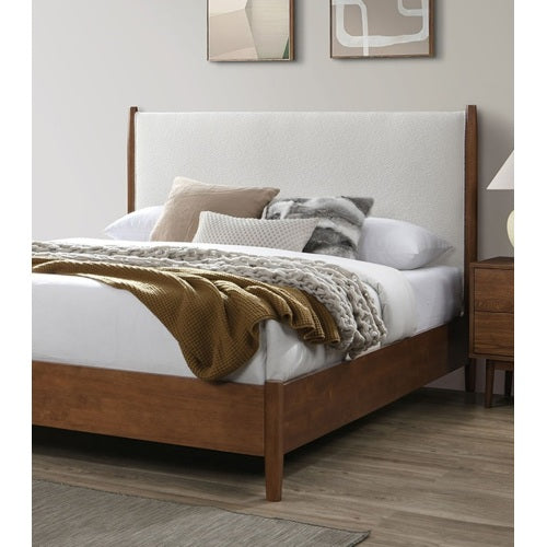 Walnut Color Panel Headboard Beige Upholstered 1pc Queen Size Bed Solid wood Mattress Ready Mid-Century Modern Style
