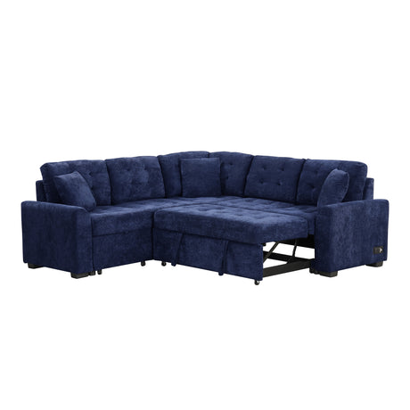 Navy Blue L-shape Sofa Bed with Pull-out Sleeper, USB Ports, Power Sockets, Corded Velveteen, 82.6' - sold by Home Elegance USA