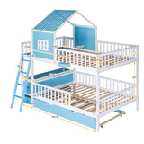 Full over Full Bunk Bed with Twin Size Trundle , Farmhouse Bed with Storage Box and Drawer - Blue - Home Elegance USA